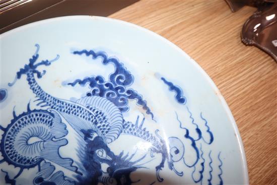 A Chinese blue and white dragon dish, Yongzheng period diameter 28cm